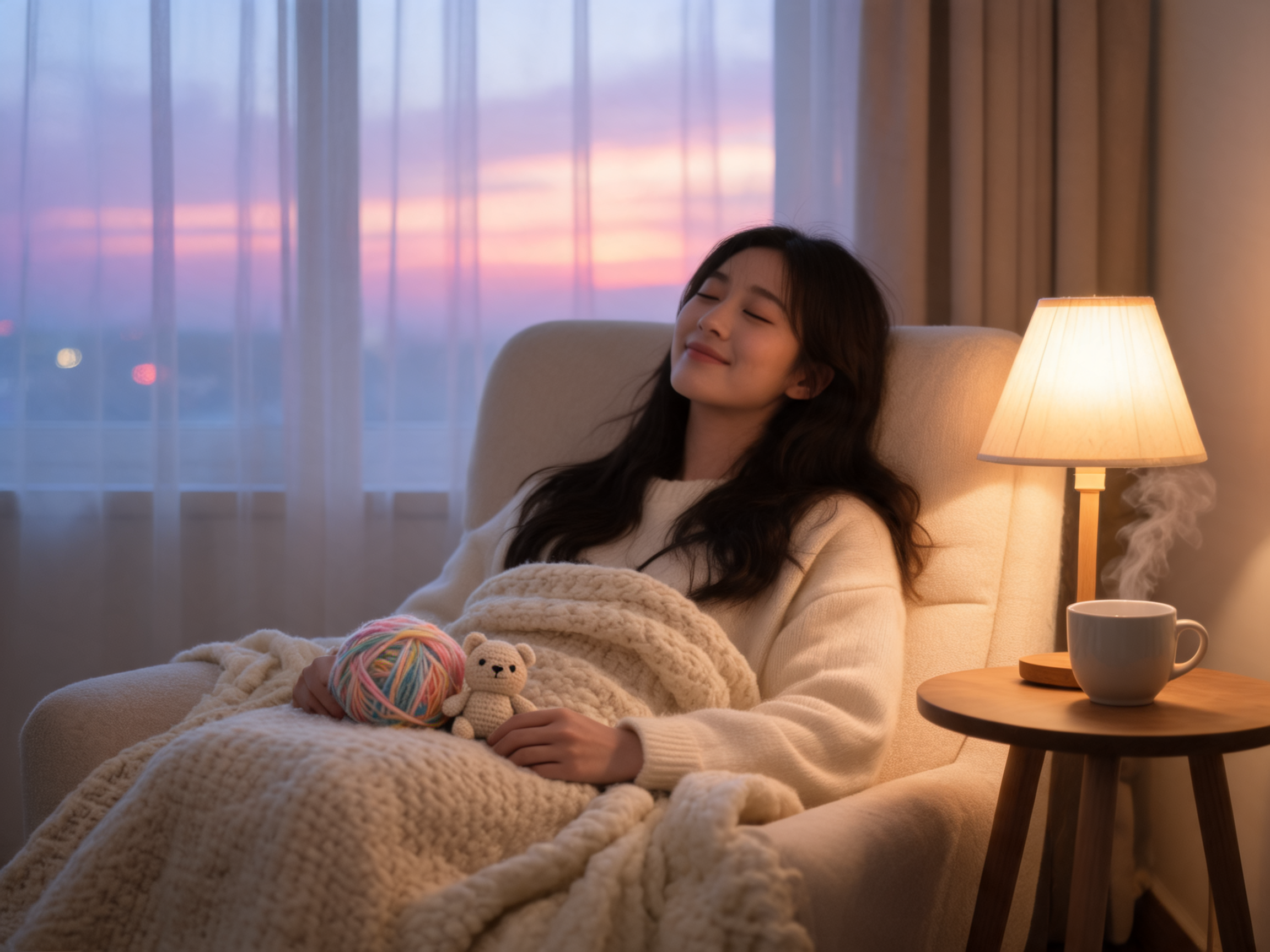 Woman relaxing with crochet amigurumi and yarn in cozy armchair at dusk by MrsCrochetWorld