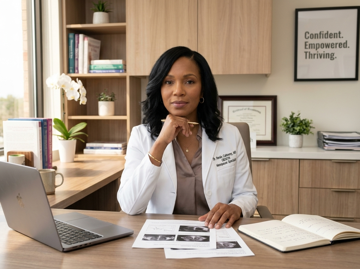 Dr. Calloway at her desk surrounded by research