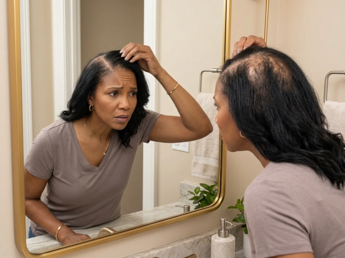 Examining a thinning crown in the bathroom mirror