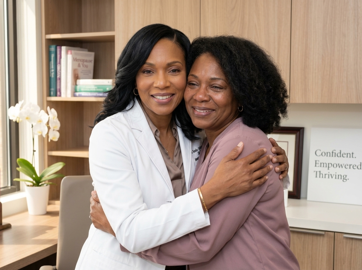 Dr. Calloway embracing her returning patient