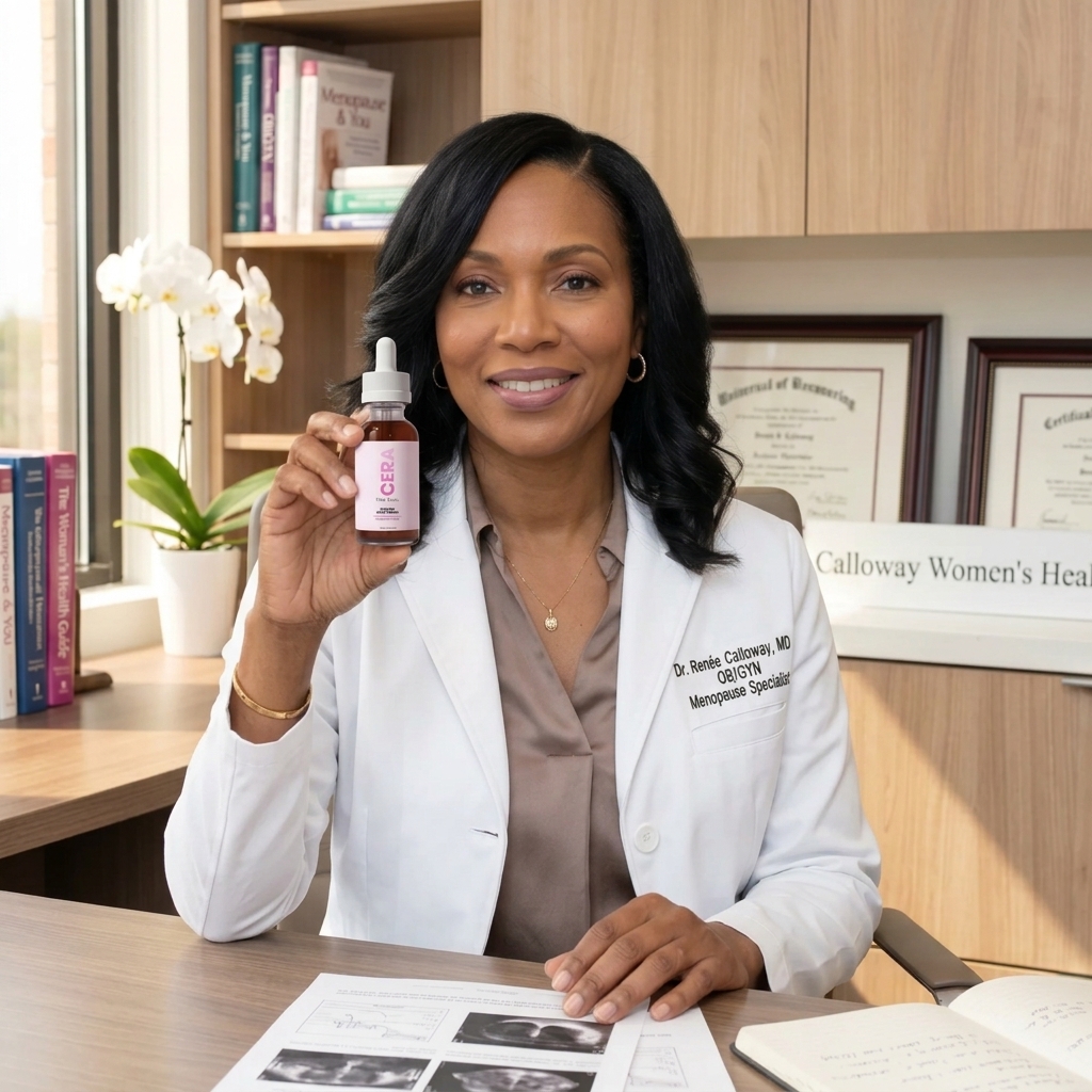 Dr. Calloway holding CERA Root Revival Serum