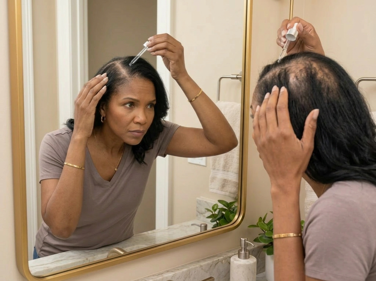 Dr. Calloway applying the serum directly to her scalp with the dropper