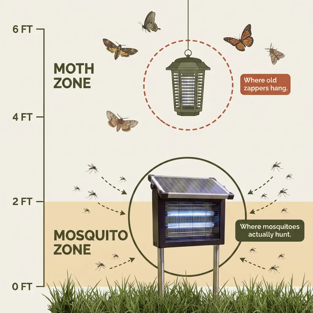 Diagram showing mosquitoes hunt low near the ground while old zappers hang too high