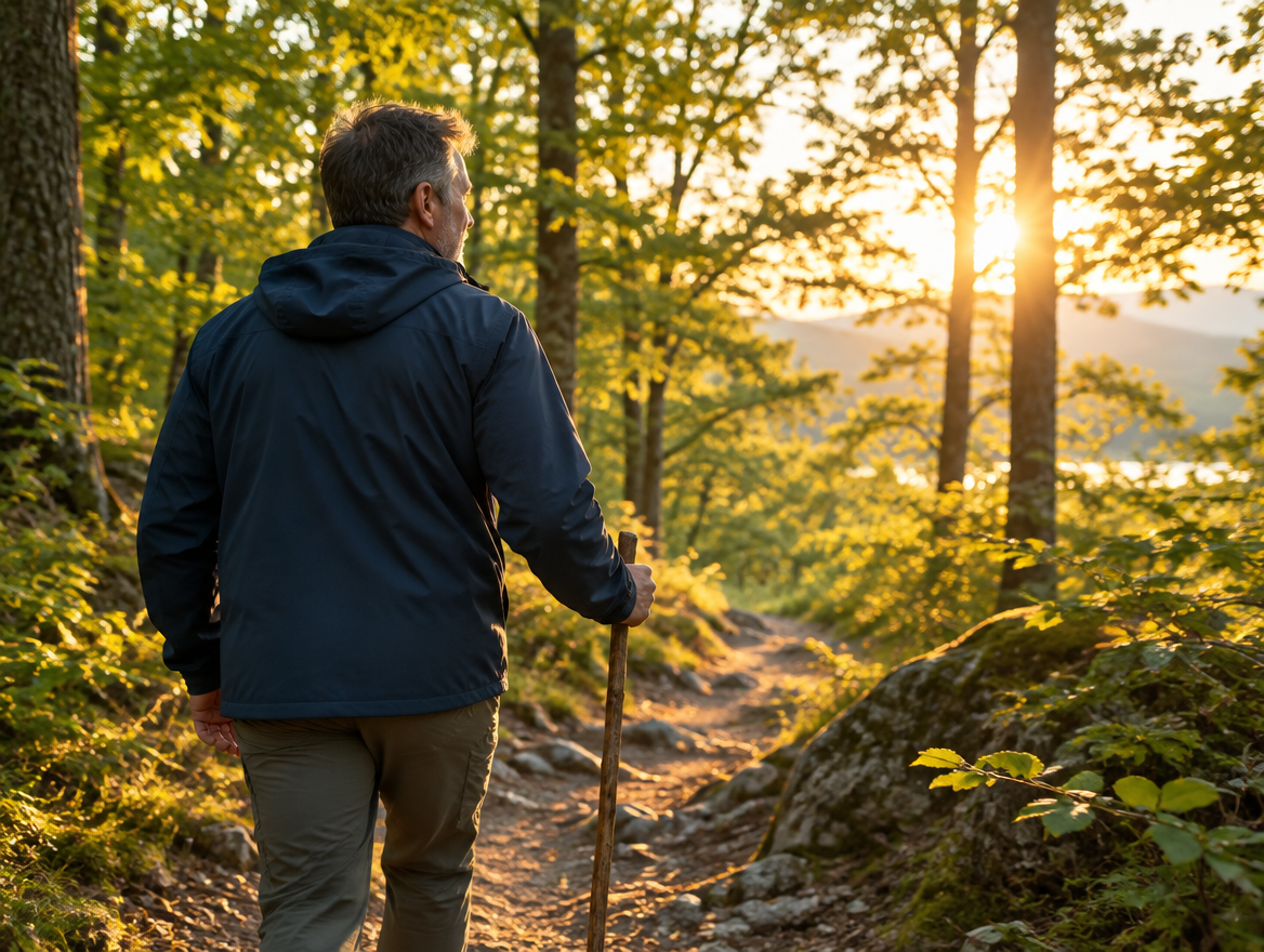 A man walking a quiet forest trail in golden light
