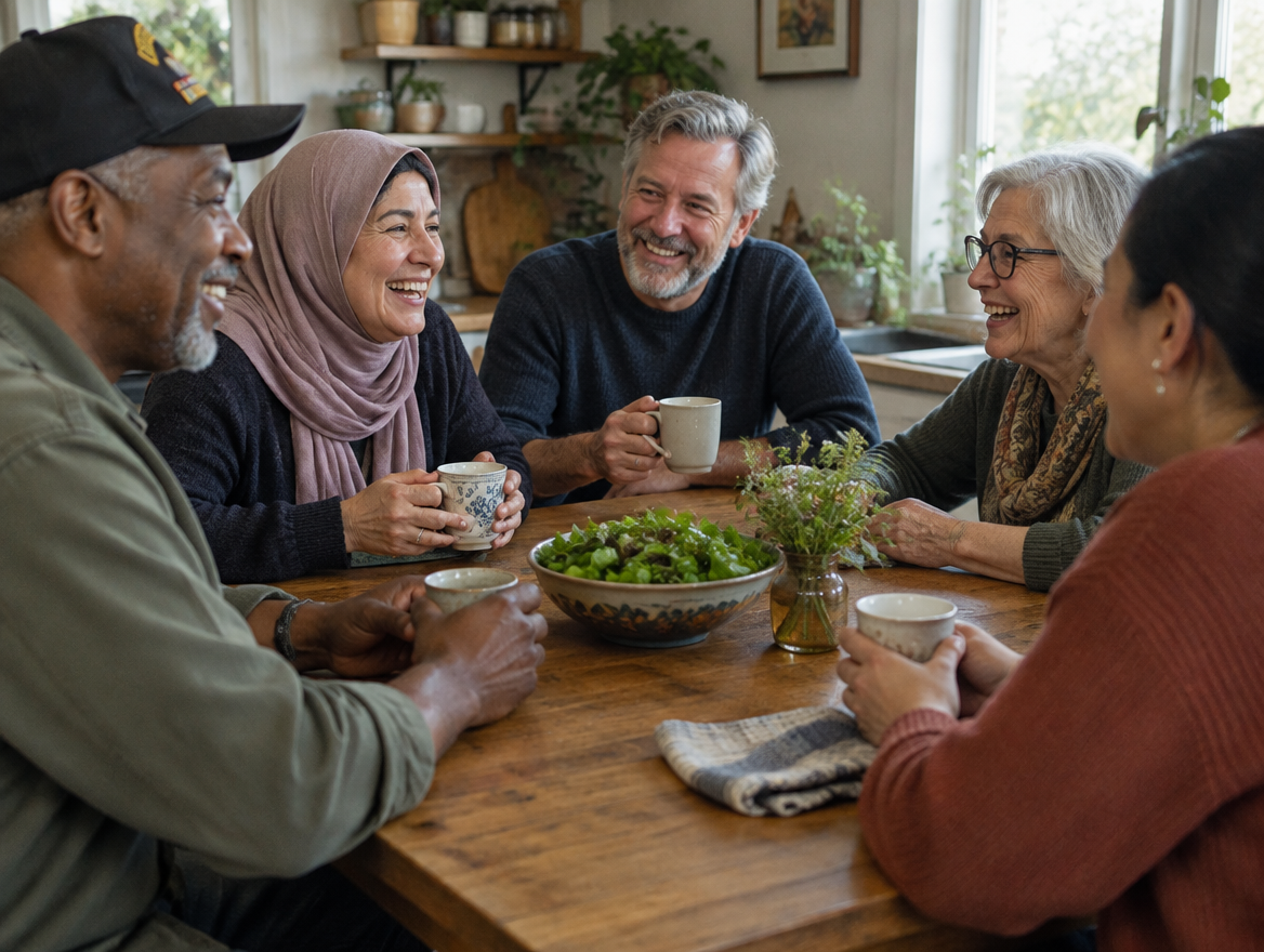A small group of adults laughing together around a kitchen table