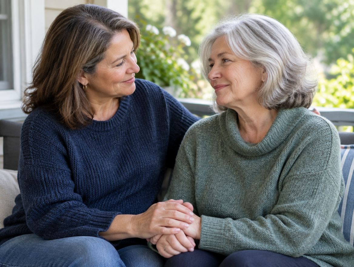 Two women sitting together on a porch, one holding the other's hands in support