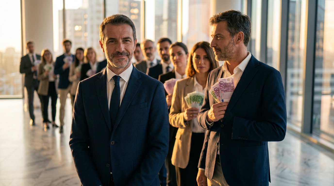 Imprenditore con fila di clienti pronti a pagare