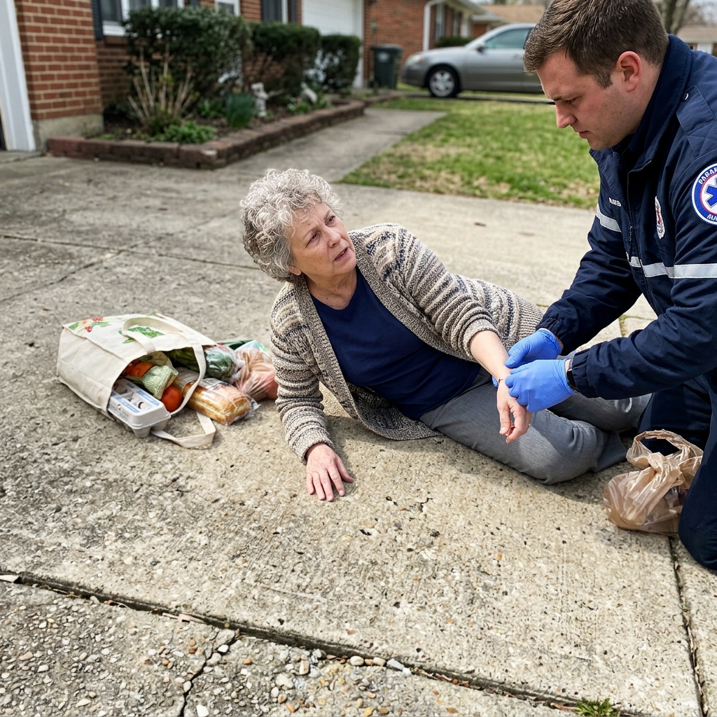 A woman after a fall on her driveway, a paramedic checking her wrist