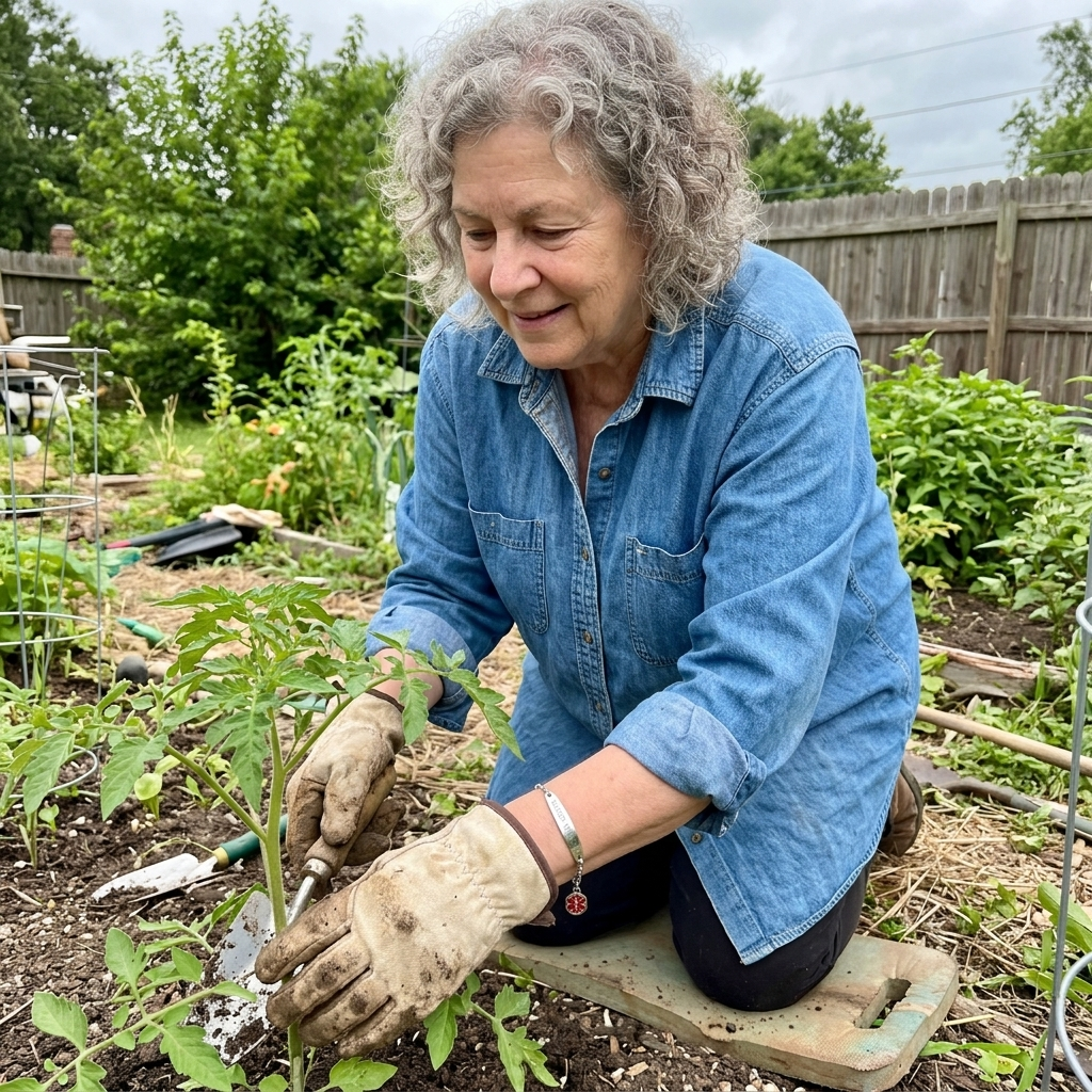 An older woman gardening, wearing the steel medical ID bracelet