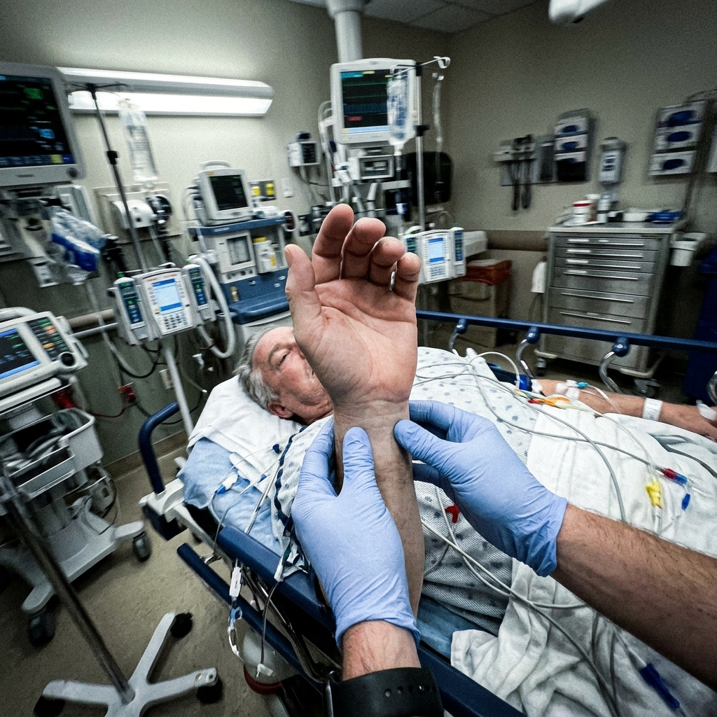 A paramedic checking a patient's bare wrist for a medical ID
