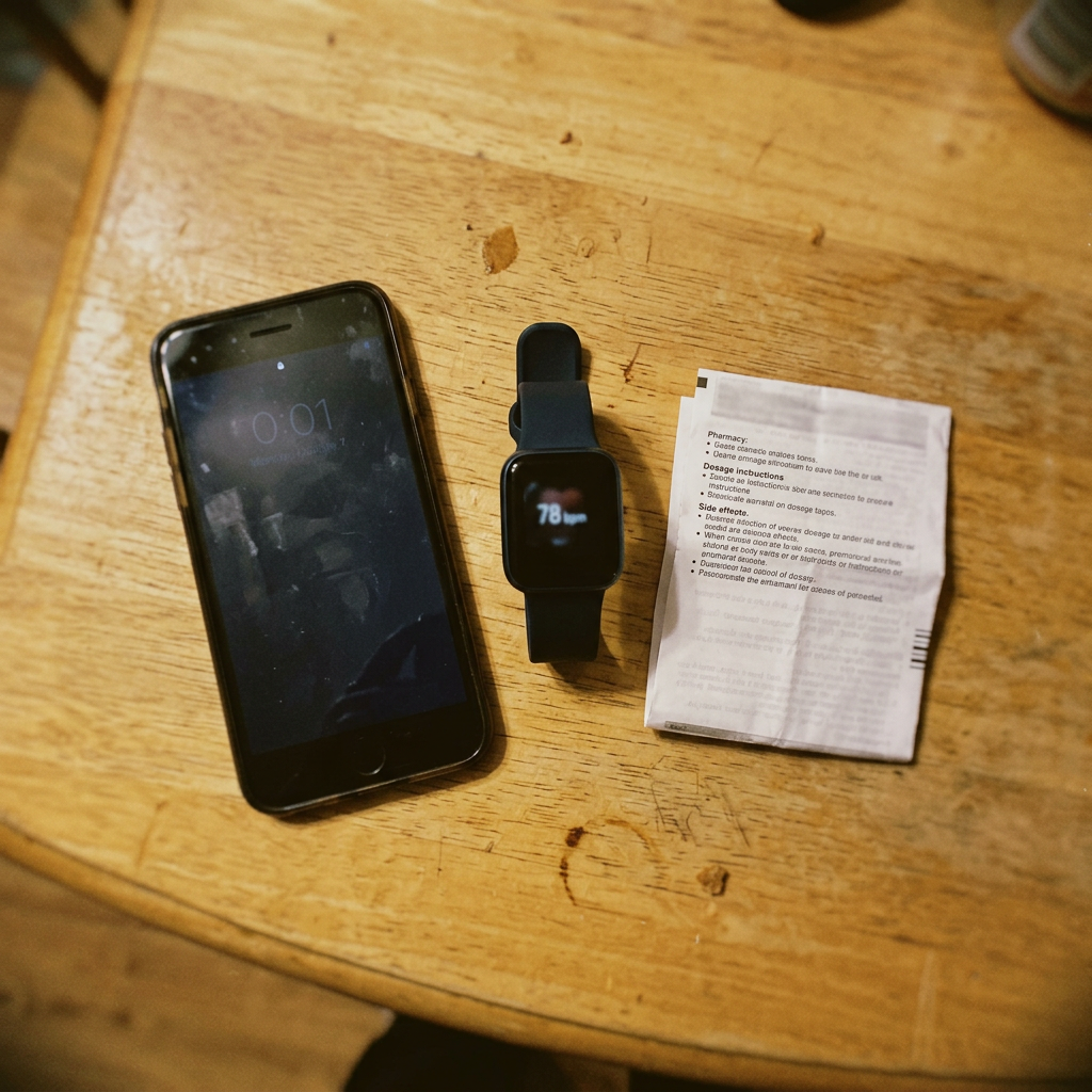 A locked phone, a smartwatch and a folded wallet card on a table