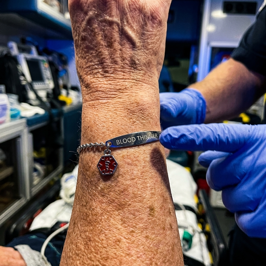 A responder reading the steel medical ID bracelet on a patient's wrist