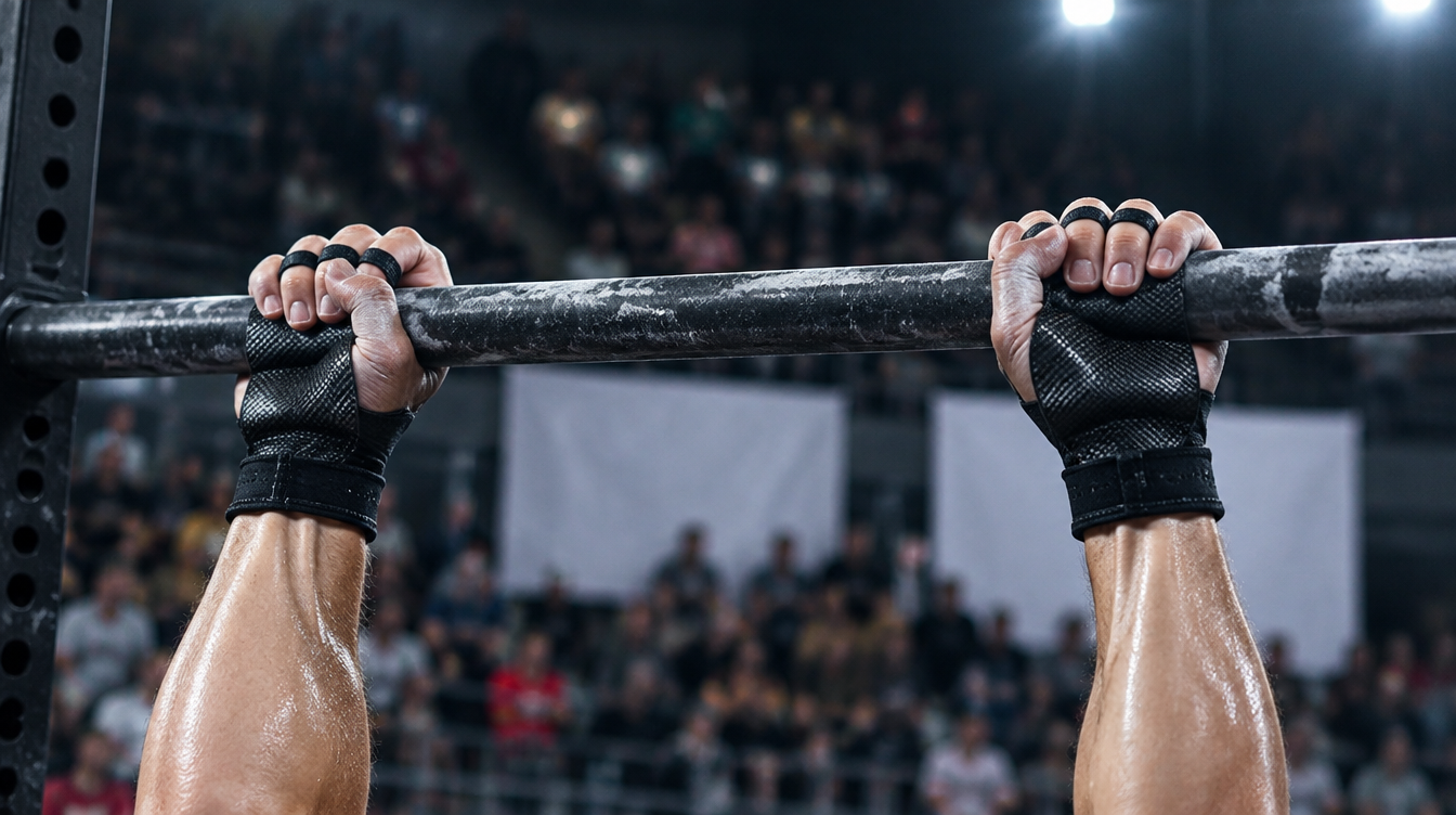Athlete gripping the bar on a competition floor