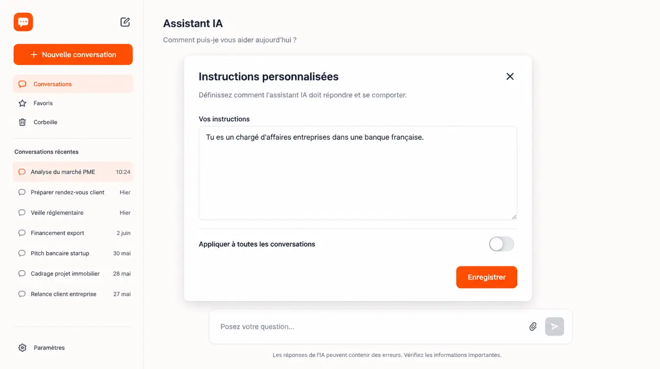 Maquette de l'écran d'instructions personnalisées de Copilot Chat, avec une instruction de persona « chargé d'affaires entreprises » en français