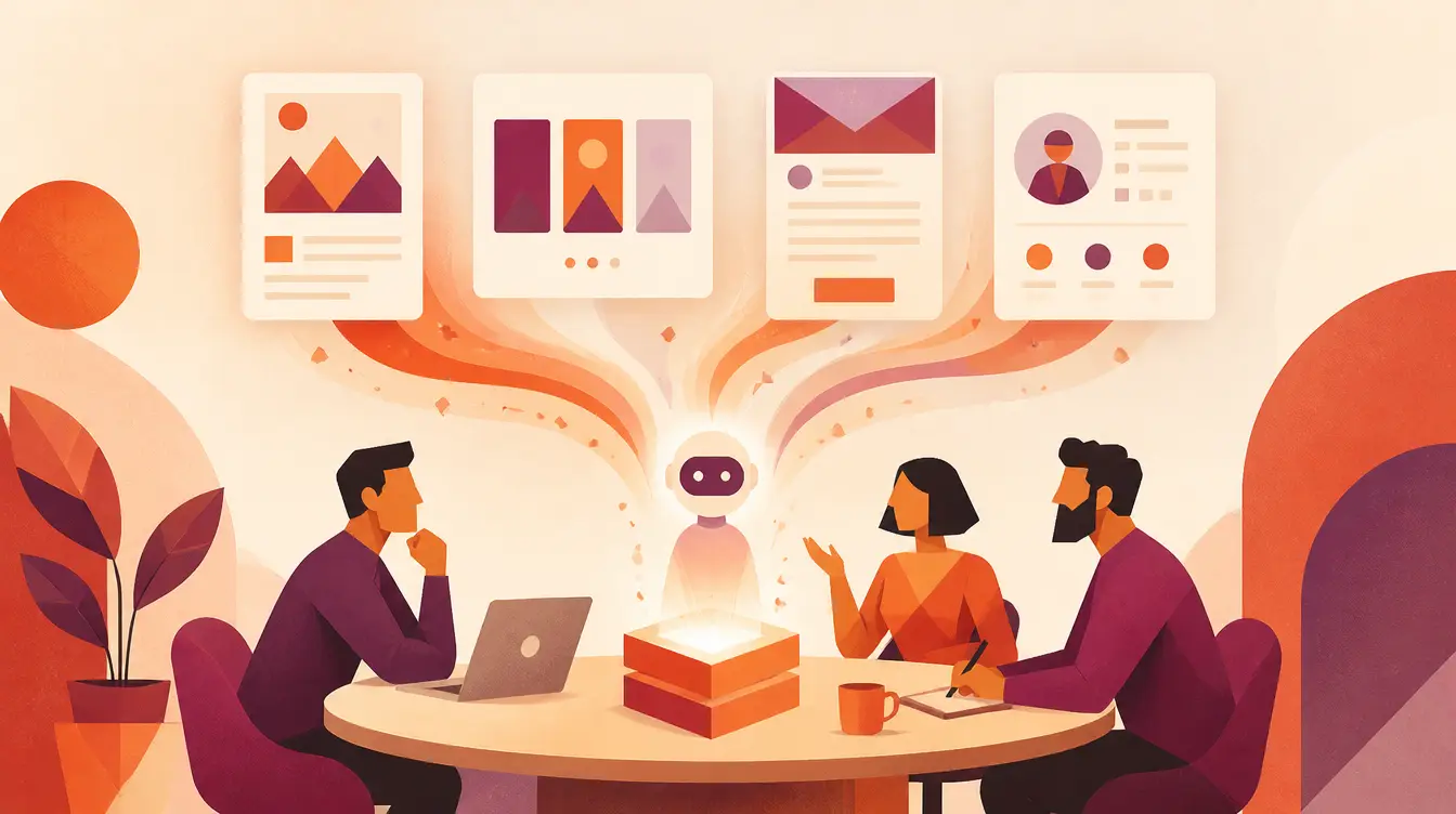 Illustration éditoriale d'une équipe marketing produisant article, carrousel, newsletter et fiche persona à partir d'une base de connaissance partagée