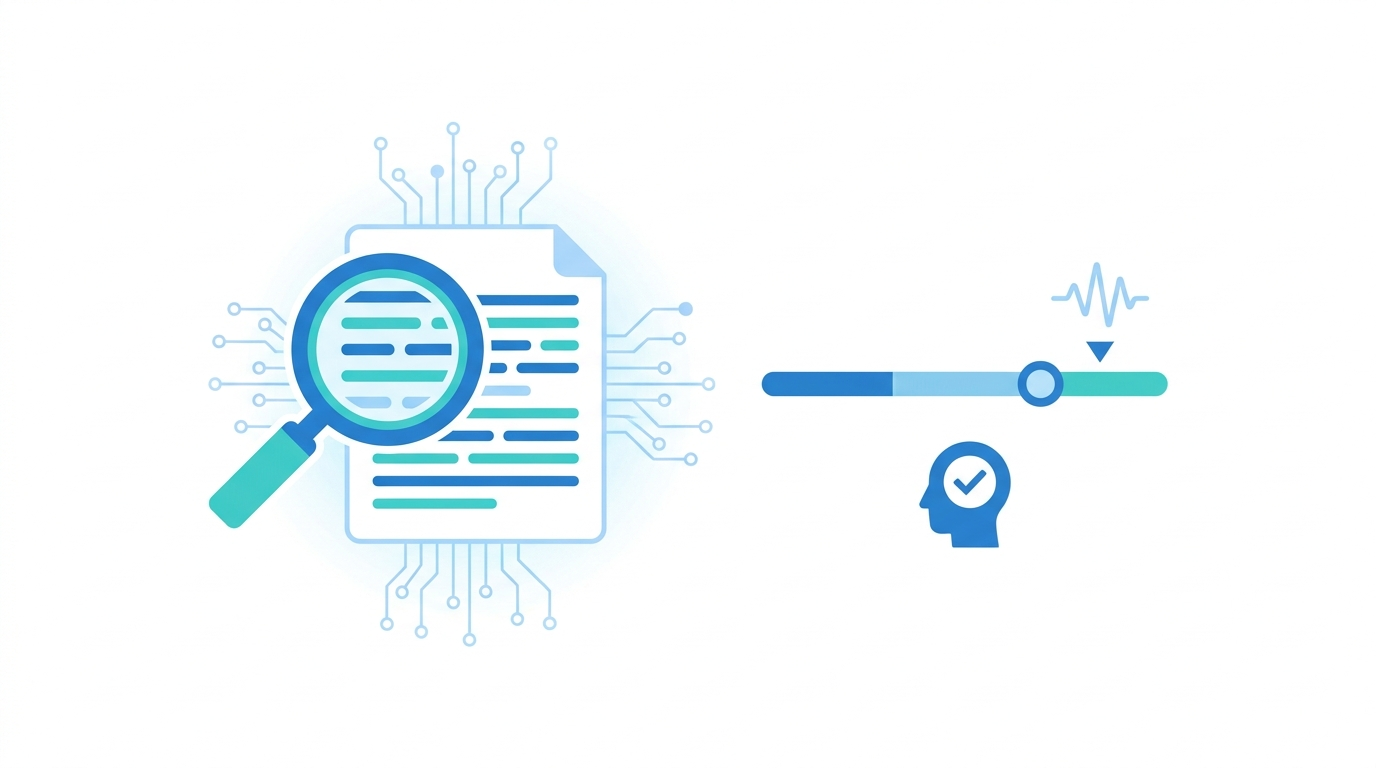 Illustration of an AI content detector scanning text with a human editor reviewing the result