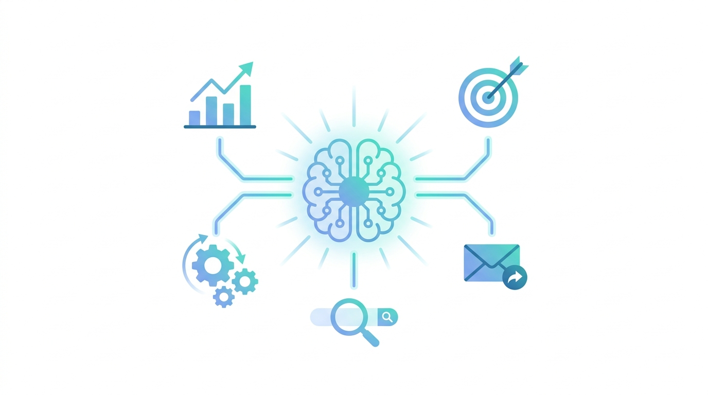 AI marketing agency concept with analytics, targeting, and automation icons