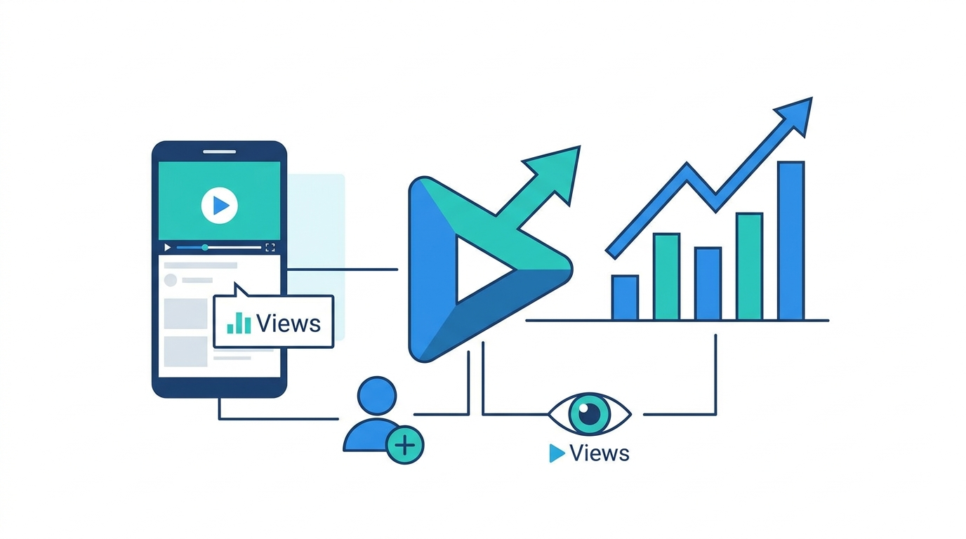 Illustration of YouTube channel growth with a play button, rising chart, and view and subscriber icons