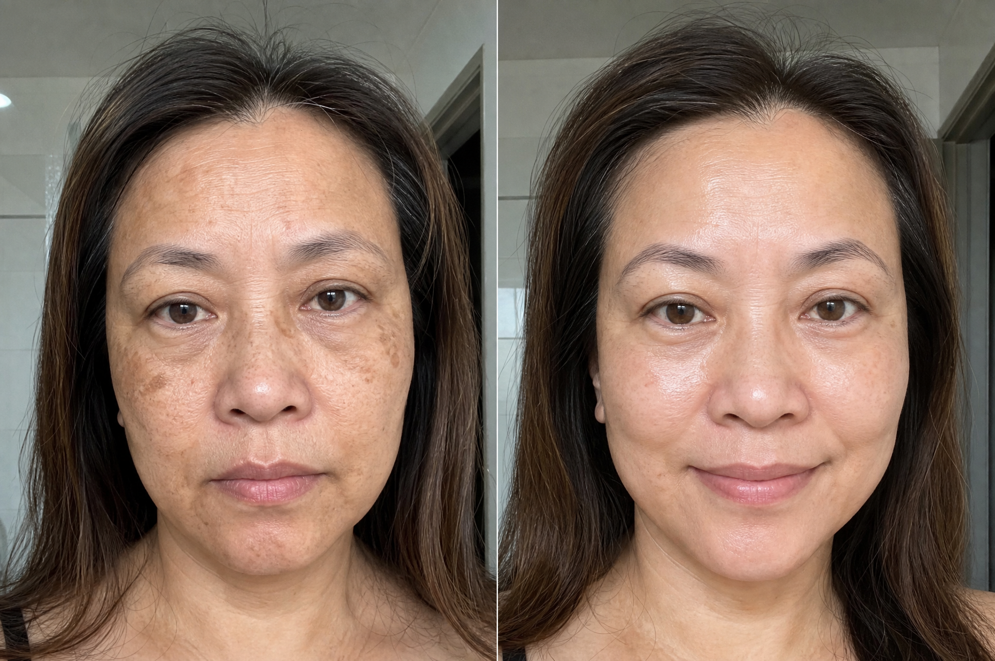 Before and after: the same woman's skin, dark spots and uneven tone on the left, brighter even hydrated skin on the right