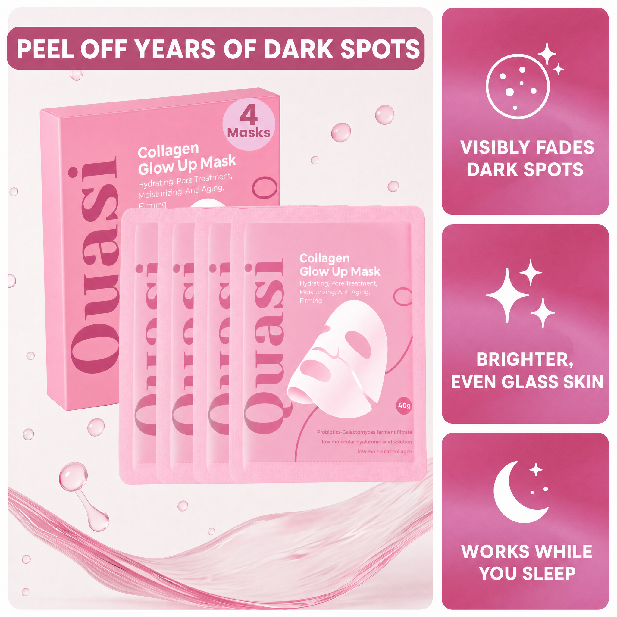 Quasi Collagen Glow Up Mask 2.0 — peel off years of dark spots; visibly fades dark spots, brighter even glass skin, works while you sleep