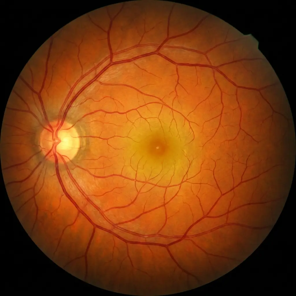 Macula and retina fundus close-up showing blood vessels