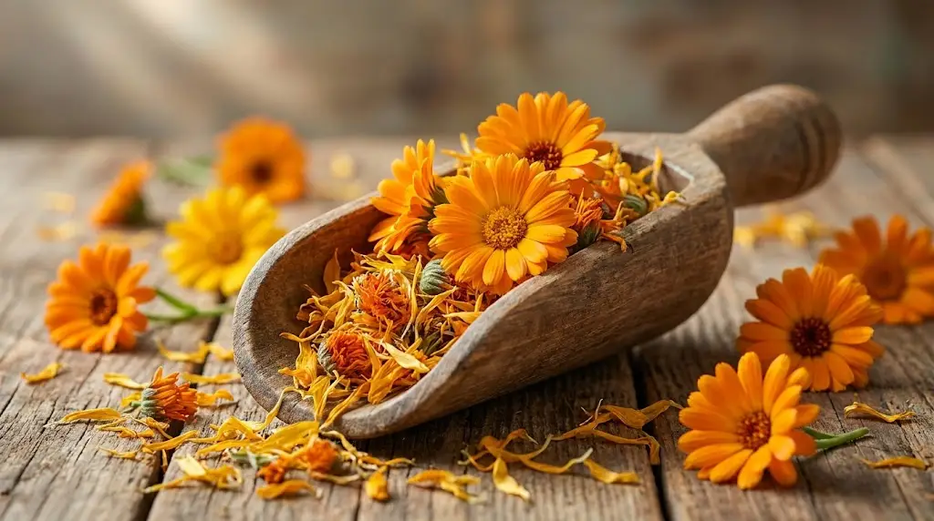 Wooden scoop overflowing with fresh marigold flowers