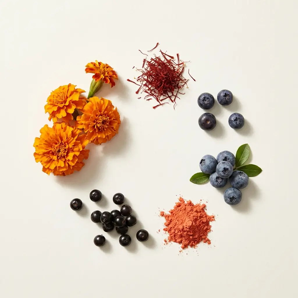Hero ingredient flat-lay: marigold, saffron, bilberry, blueberry, maqui, astaxanthin