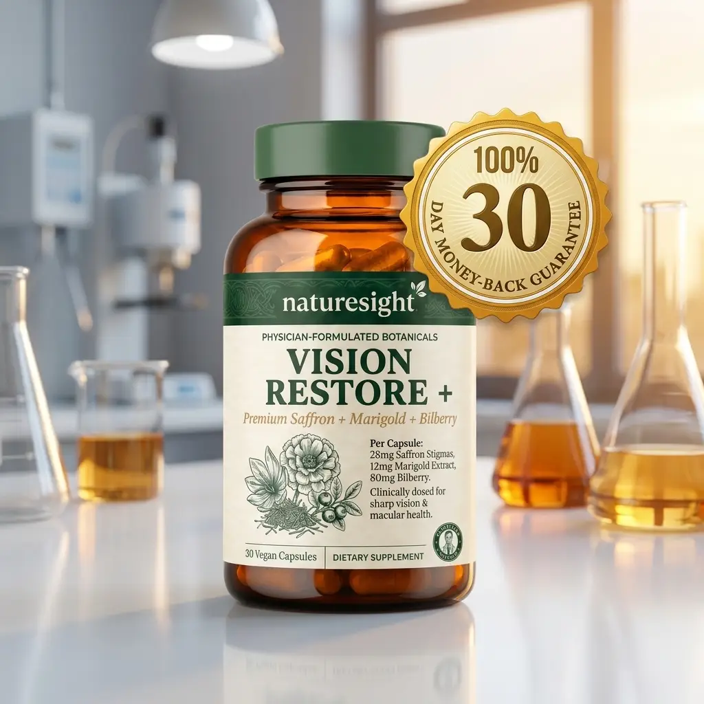 Vision Restore+ bottle in lab with 30-day money-back guarantee badge