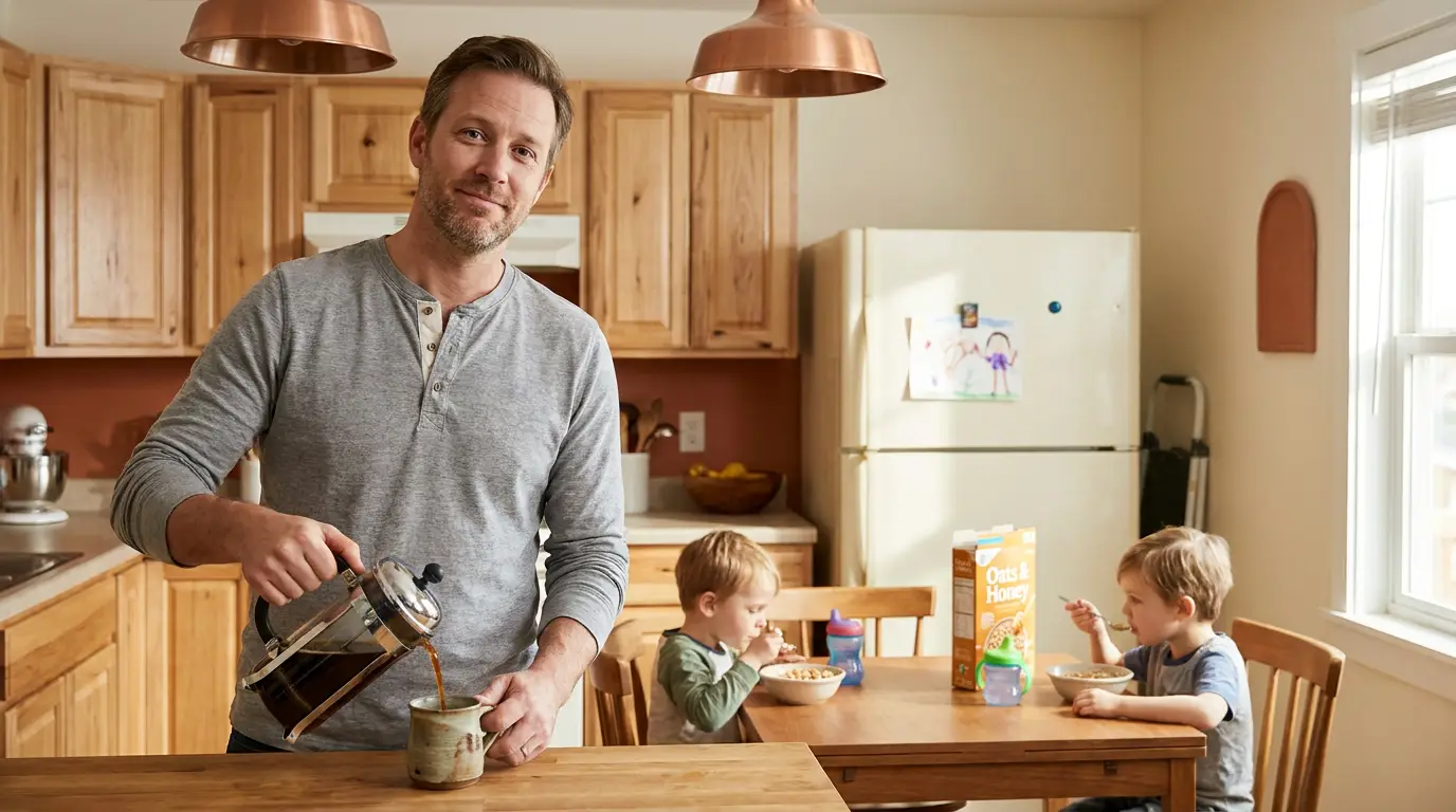 Mark in the morning kitchen, kids' cereal bowls out, going through the motions on autopilot.