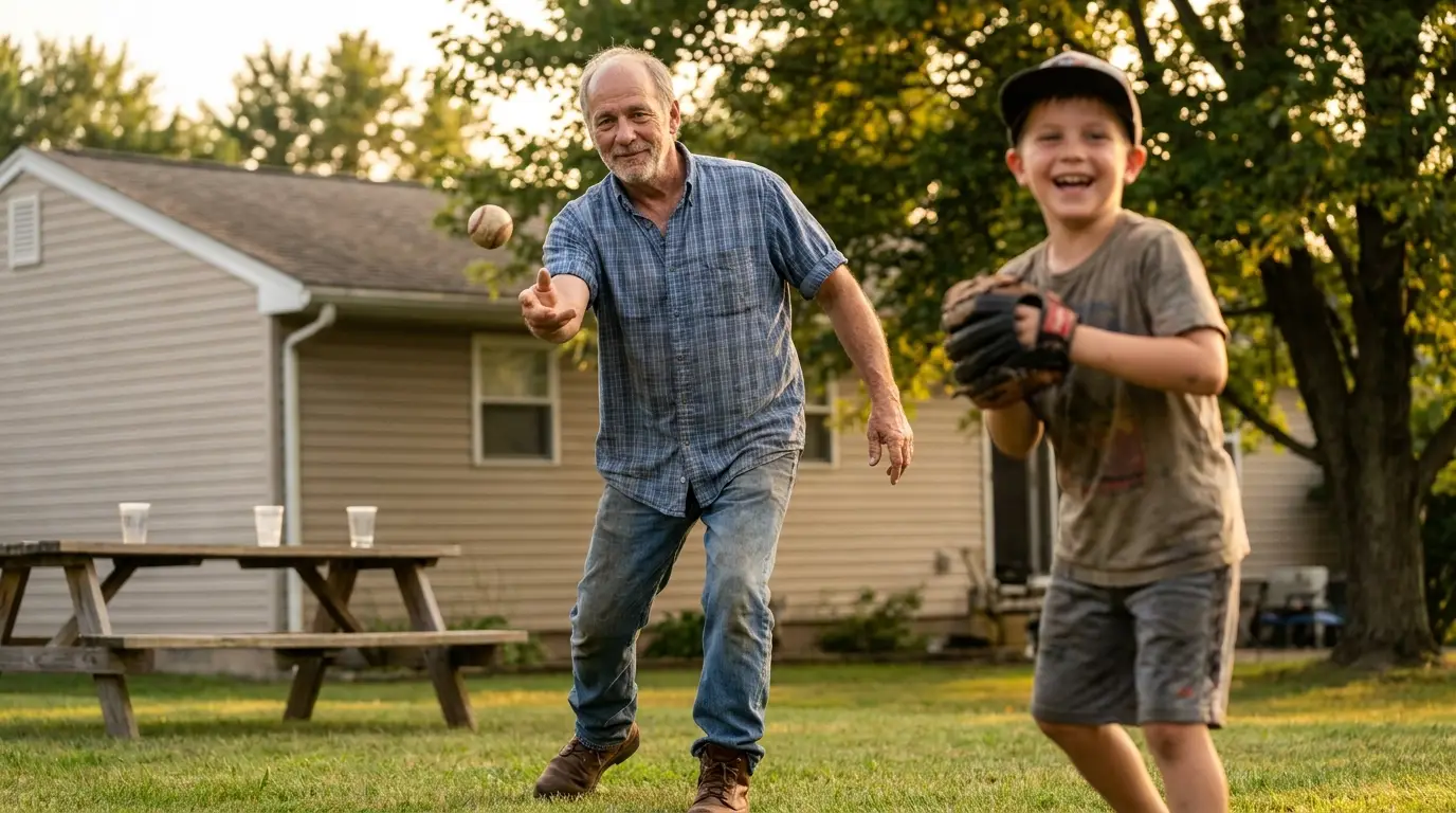 Walter outside with his grandkids, up and active, smiling.