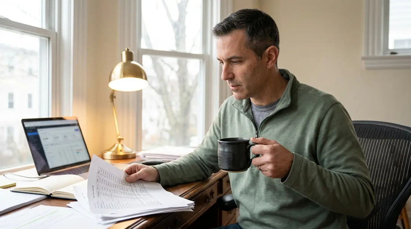 Adam at the kitchen counter before sunrise, coffee going cold, reading his latest blood panel on his phone.