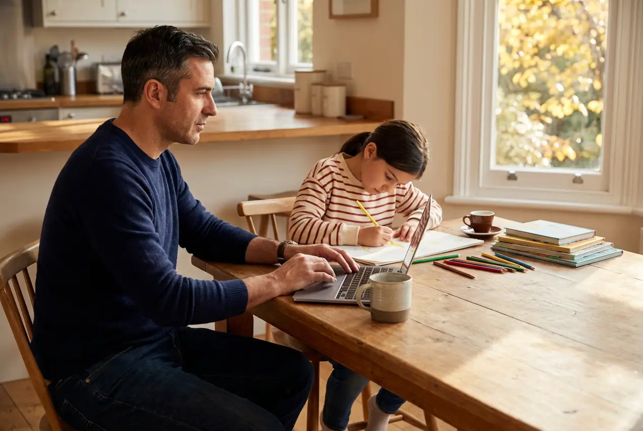 Saturday morning at the kitchen table with his daughter — the kind of present, unhurried morning that came back.
