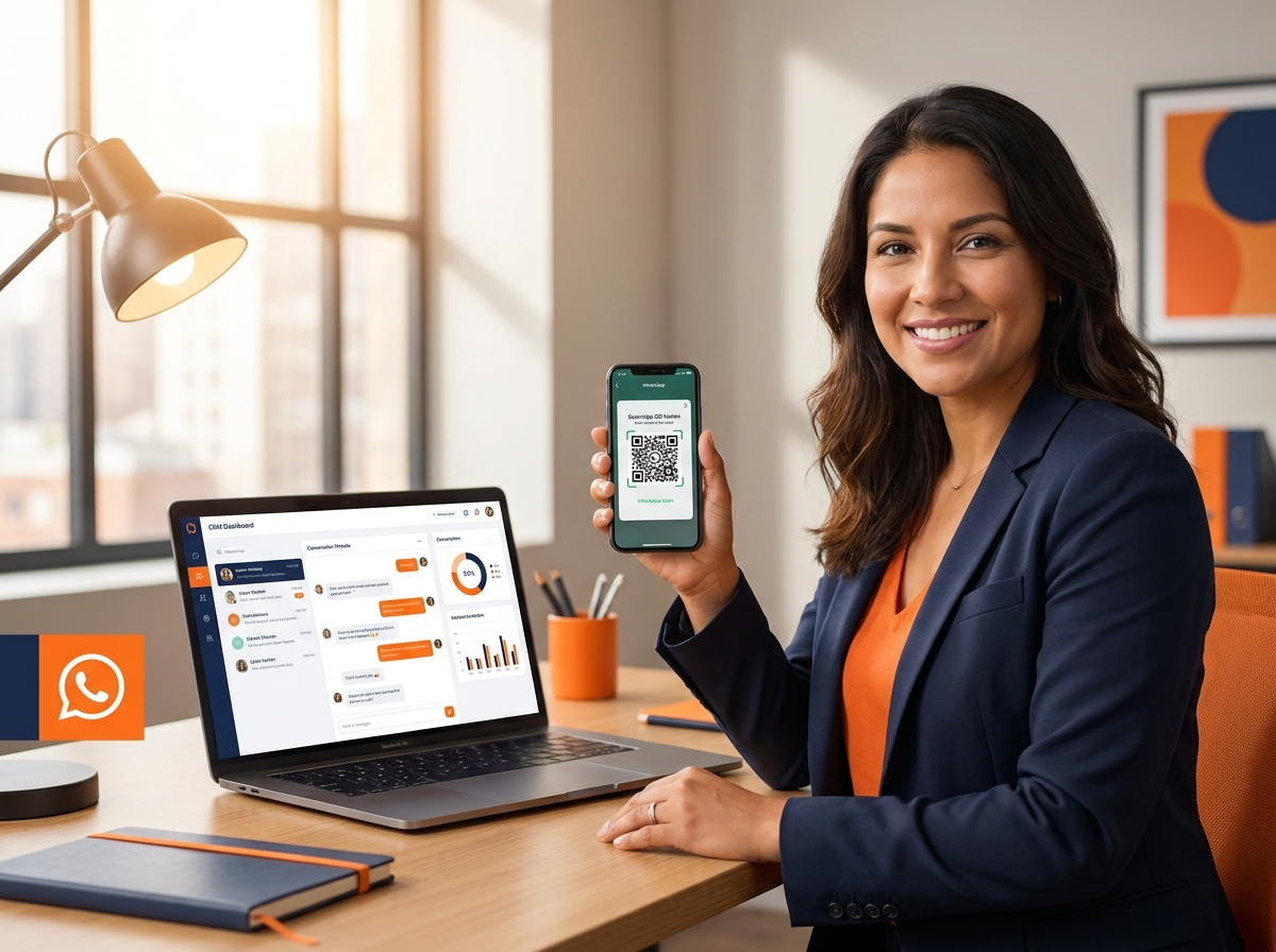 Empresario conectando WhatsApp a su CRM usando un código QR desde su smartphone