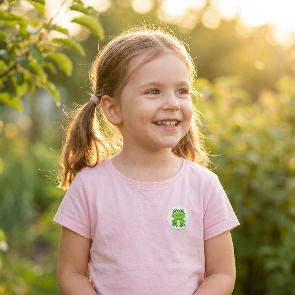 Smiling child in pink wearing a Kidoo Patch outdoors