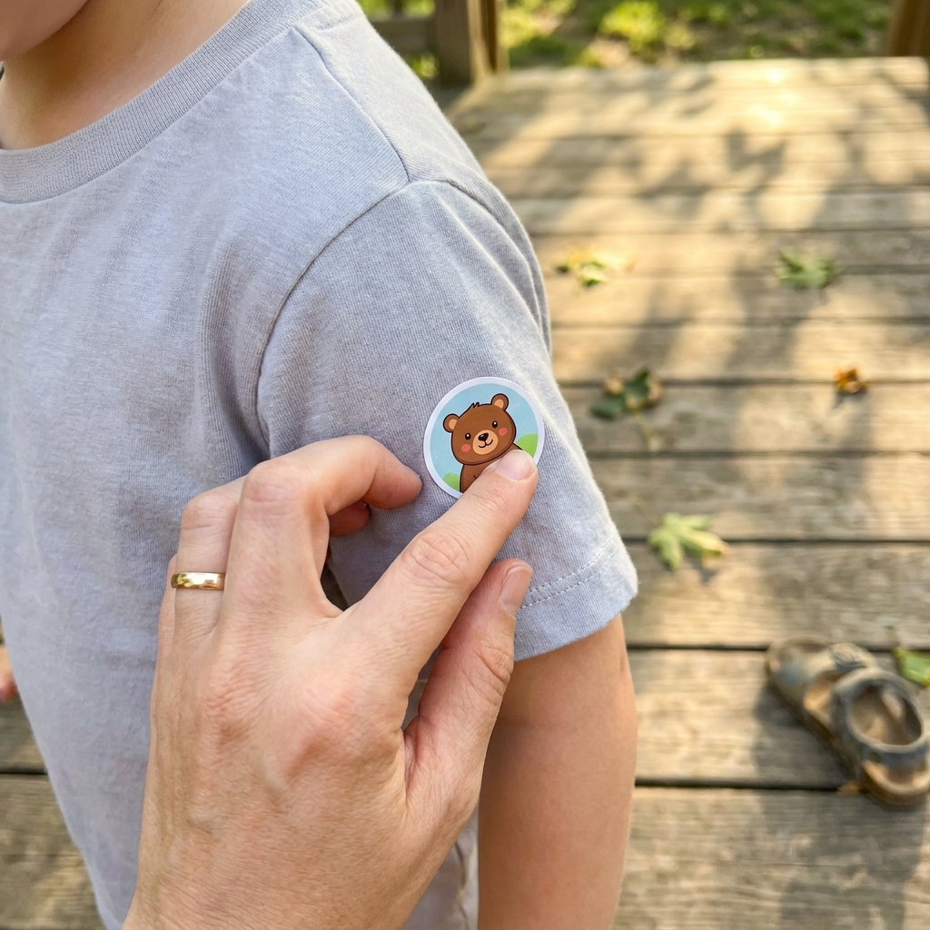 Mom gently applying a Kidoo Patch on her kid's shirt