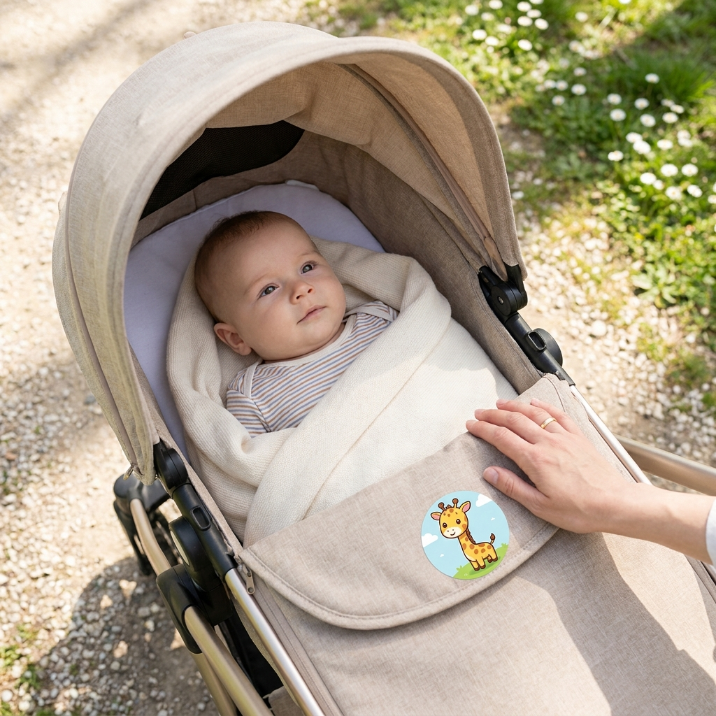 Baby in a stroller with a Kidoo Patch on the canopy