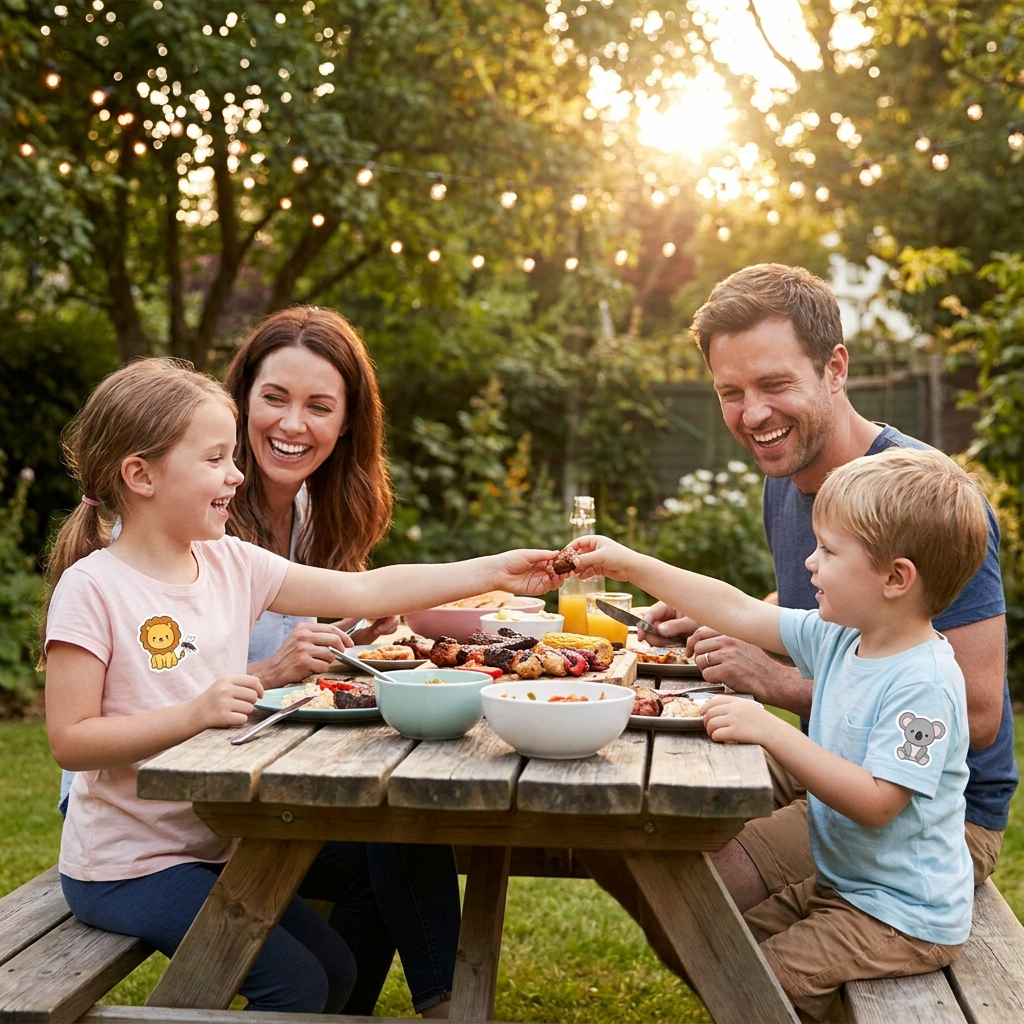 Family enjoying a backyard summer evening, kids wearing Kidoo Patches