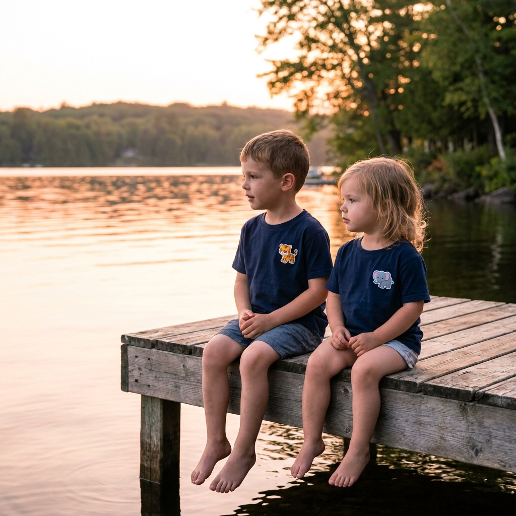 Lake dock with kid at golden hour