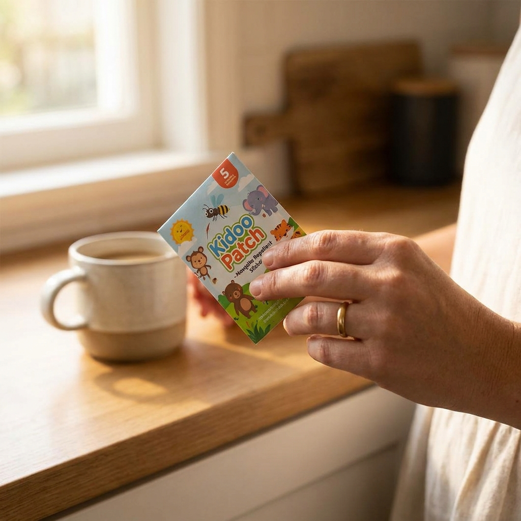 Hand holding a pack of Kidoo Patches against a soft background
