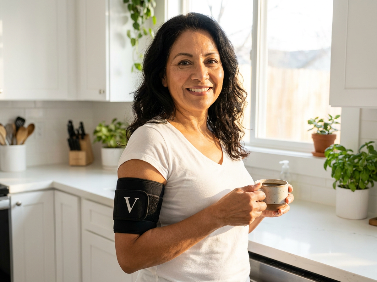 Wearing Vilora with morning coffee