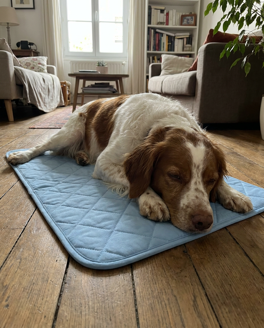 Chien détendu sur le tapis rafraîchissant Patoulina