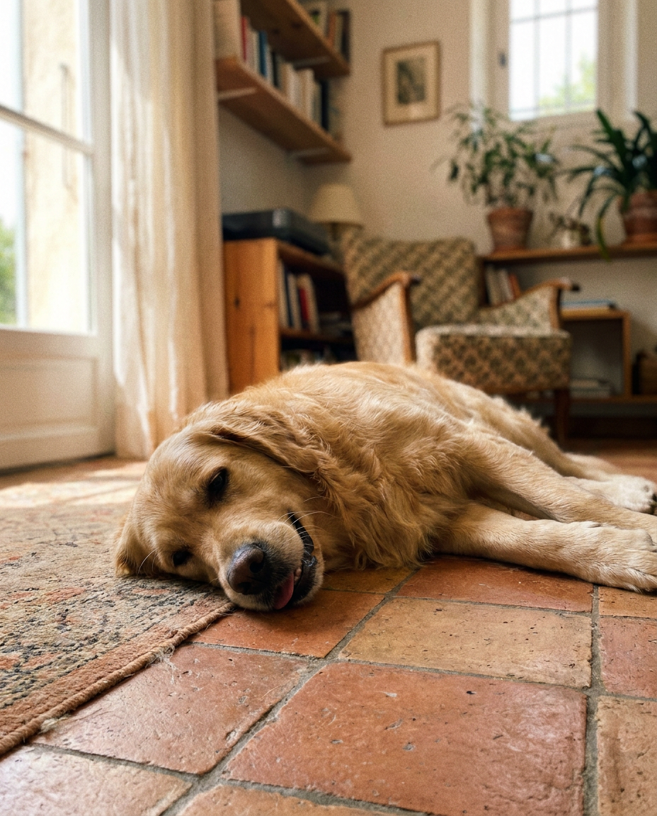 Chien golden retriever au repos sur le sol frais un jour de chaleur