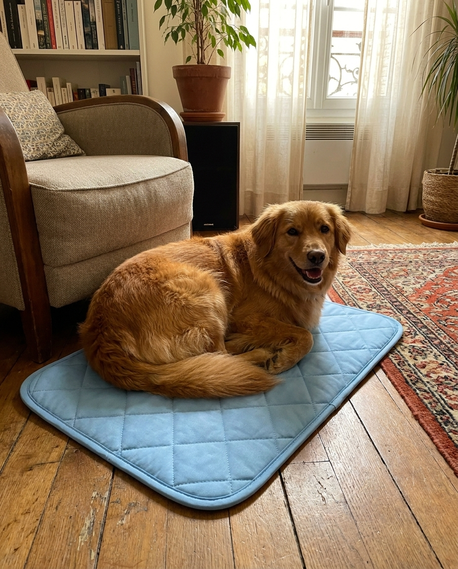 Chien content installé sur le tapis rafraîchissant Patoulina