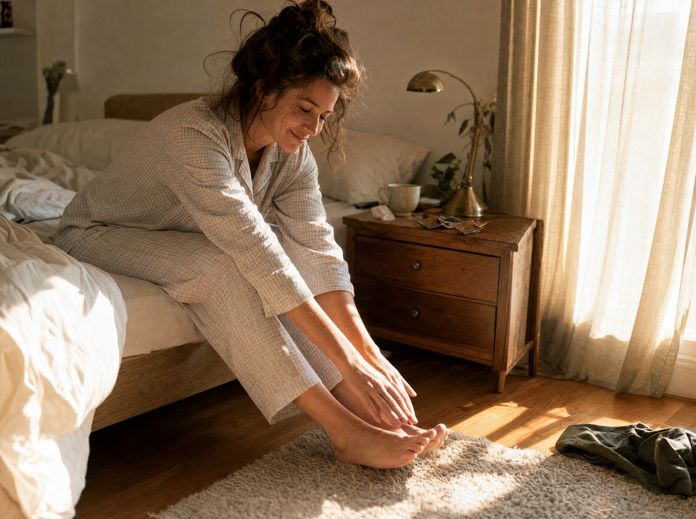 Woman stretching in morning sunlight