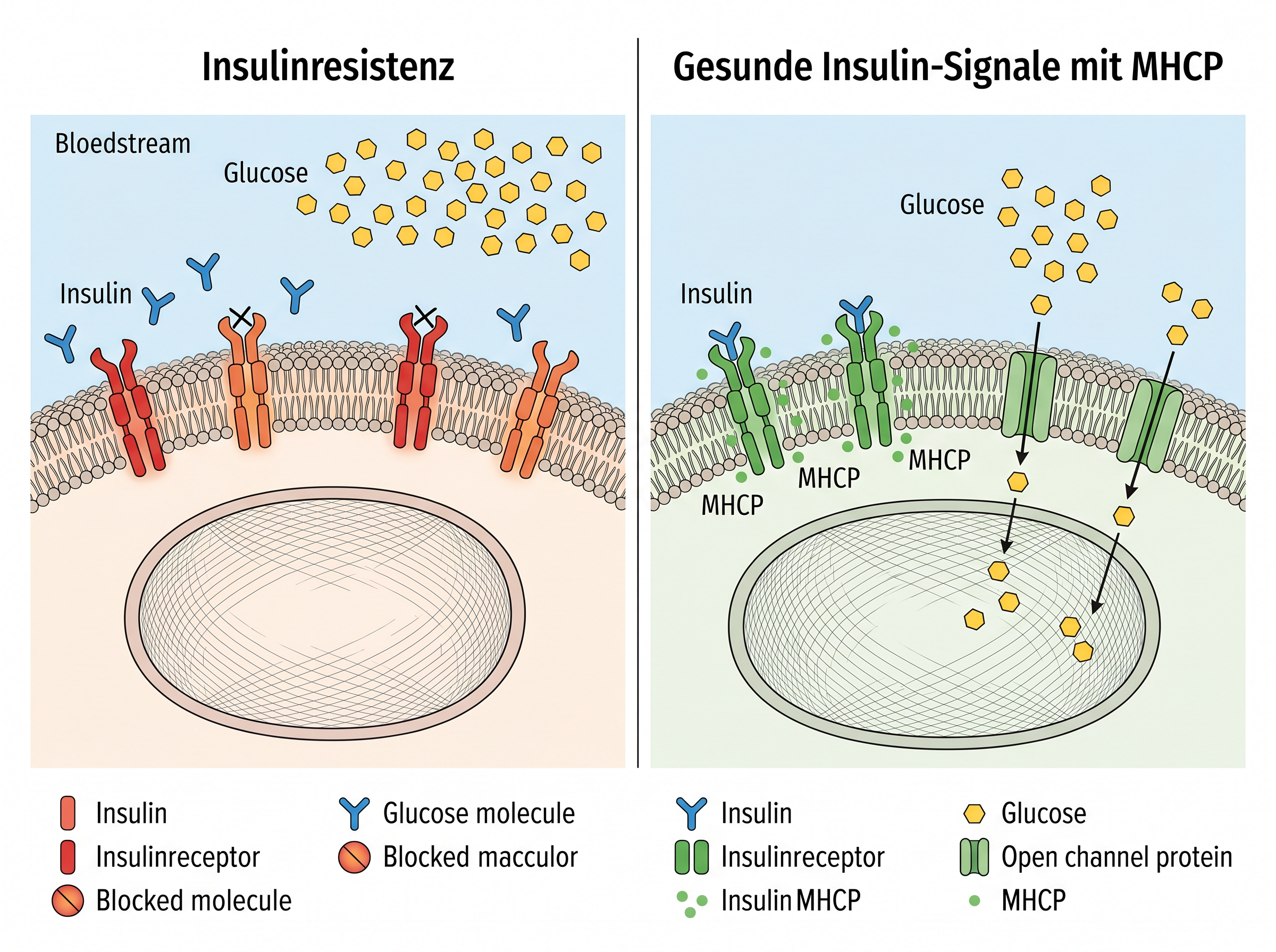 Medizinische Illustration: Insulinresistenz vs. gesunde Insulin-Signale mit MHCP auf zellulärer Ebene