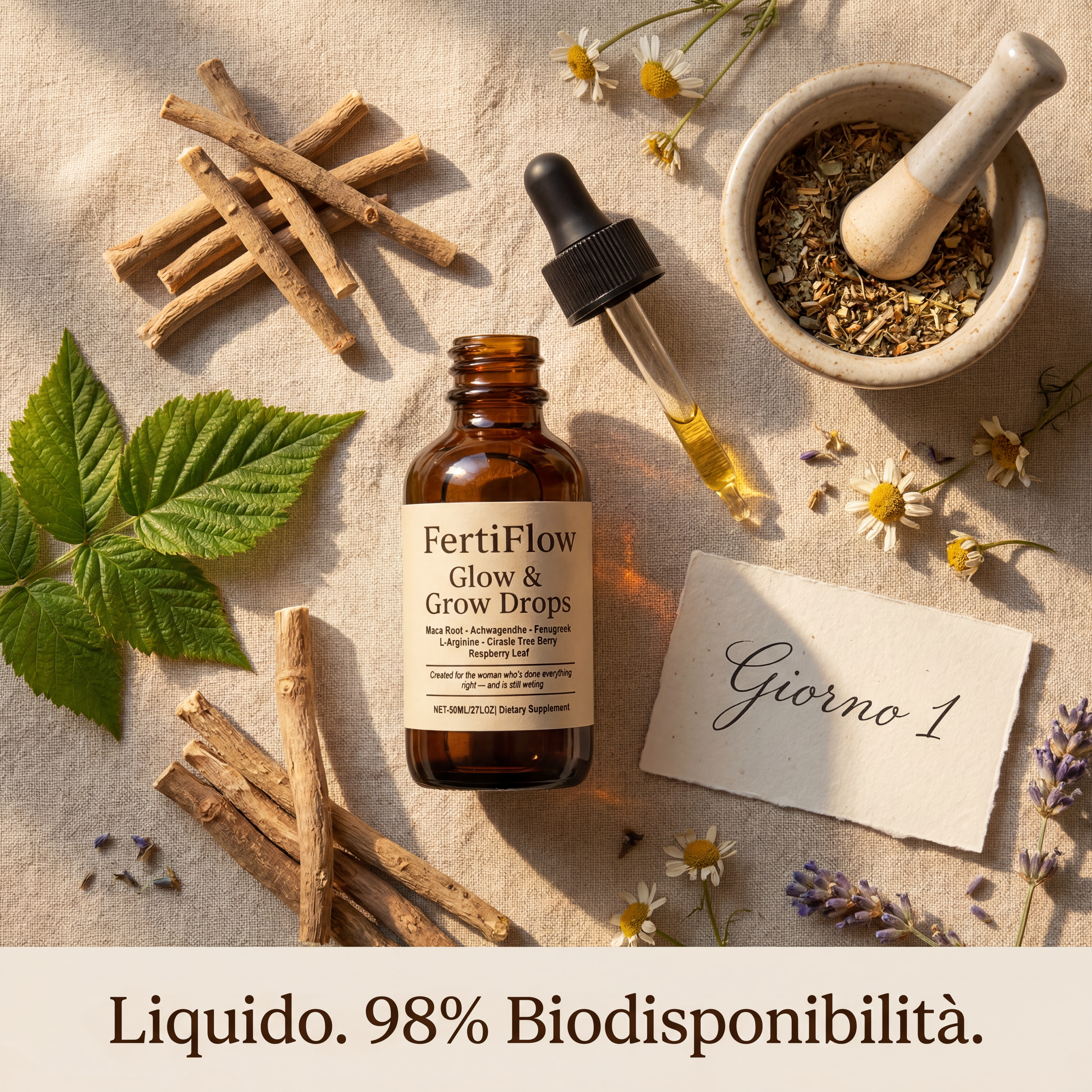 FertiFlow Glow & Grow Drops con erbe naturali — Giorno 1