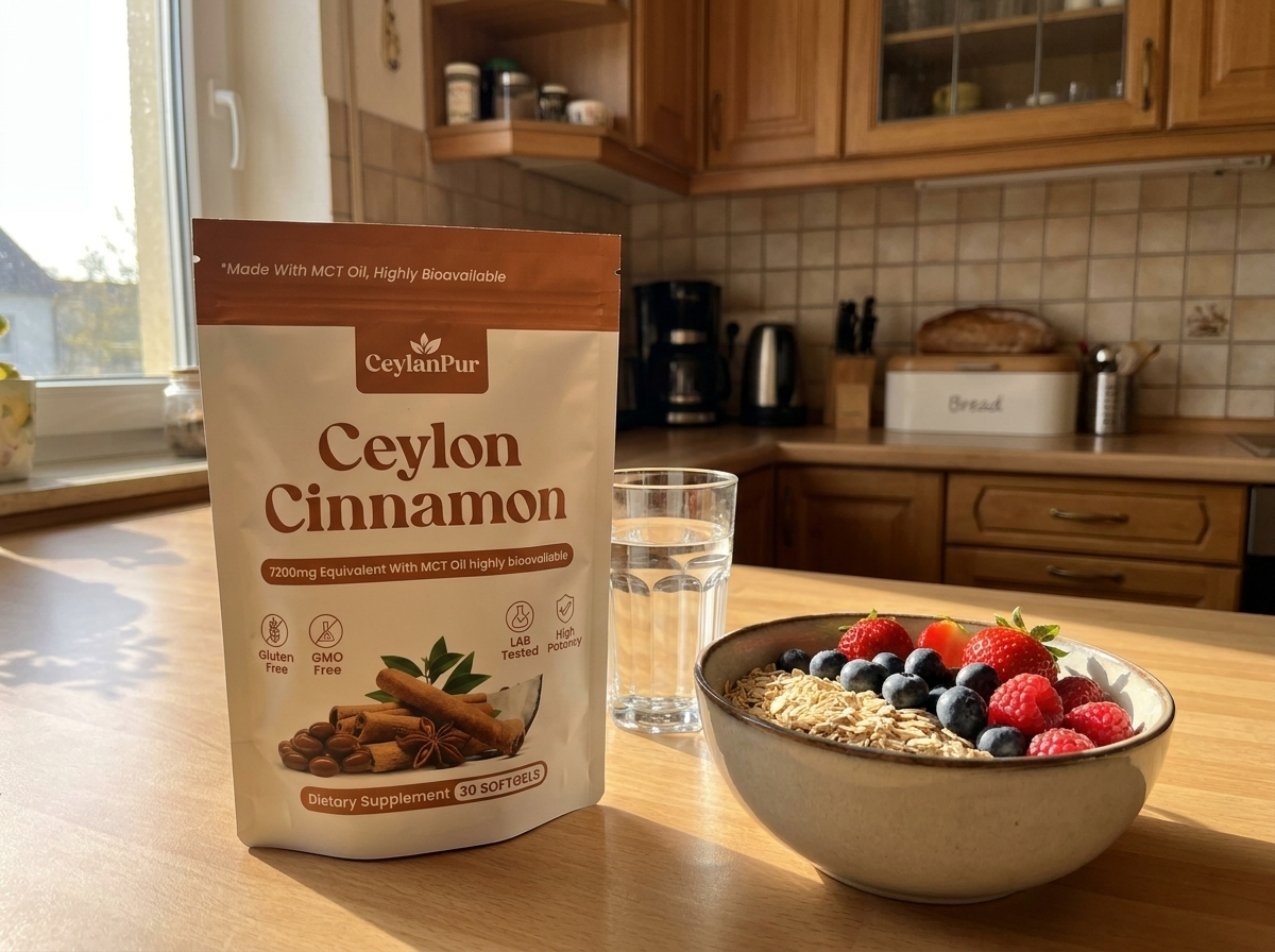 CeylanPur Ceylon-Zimt auf einer Küchentheke neben einem Glas Wasser und einer Schüssel mit Haferflocken und frischen Beeren