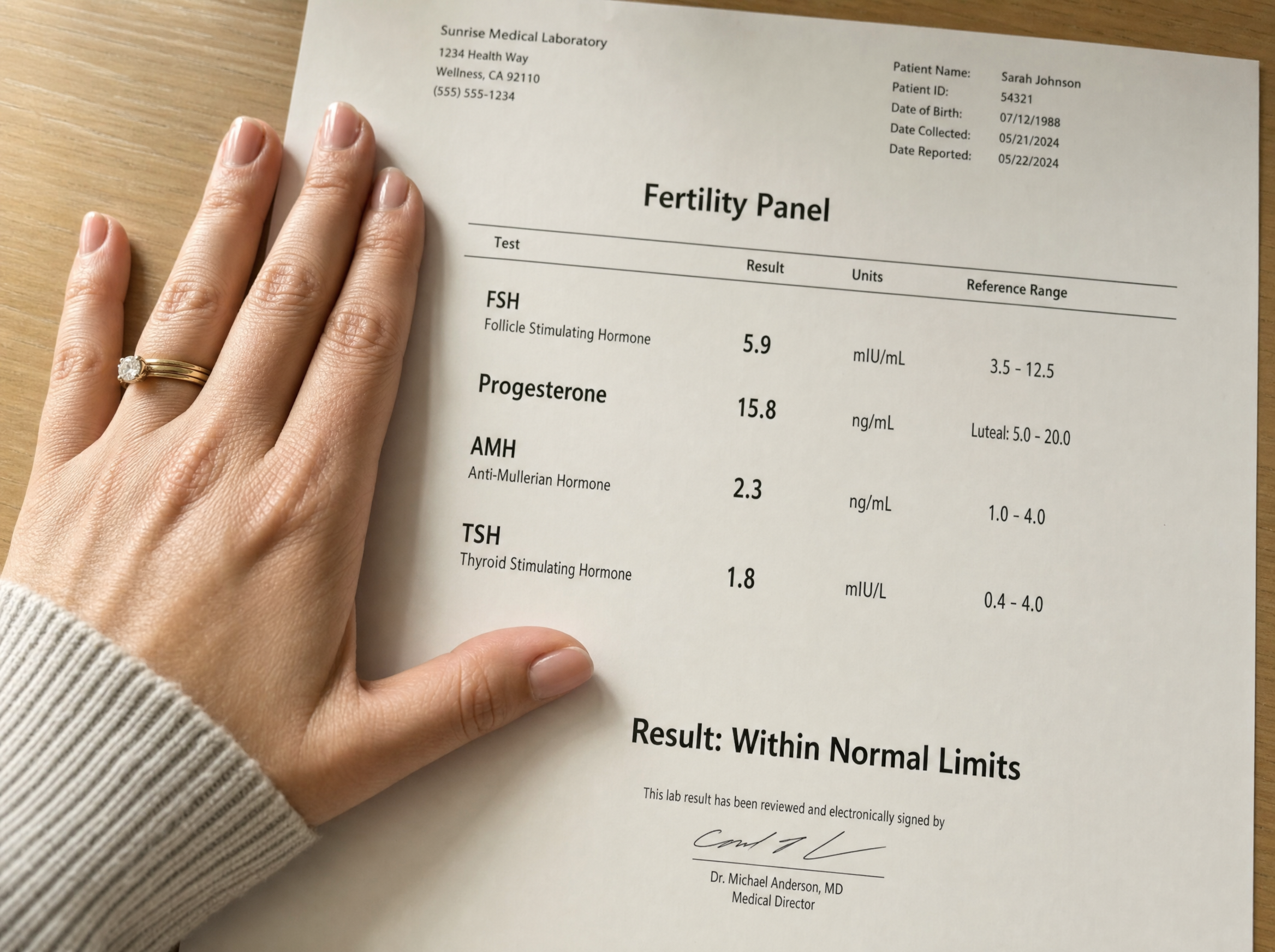 US fertility lab report showing FSH 5.9, Progesterone 15.8, AMH 2.3, TSH 1.8 — Result: Within Normal Limits