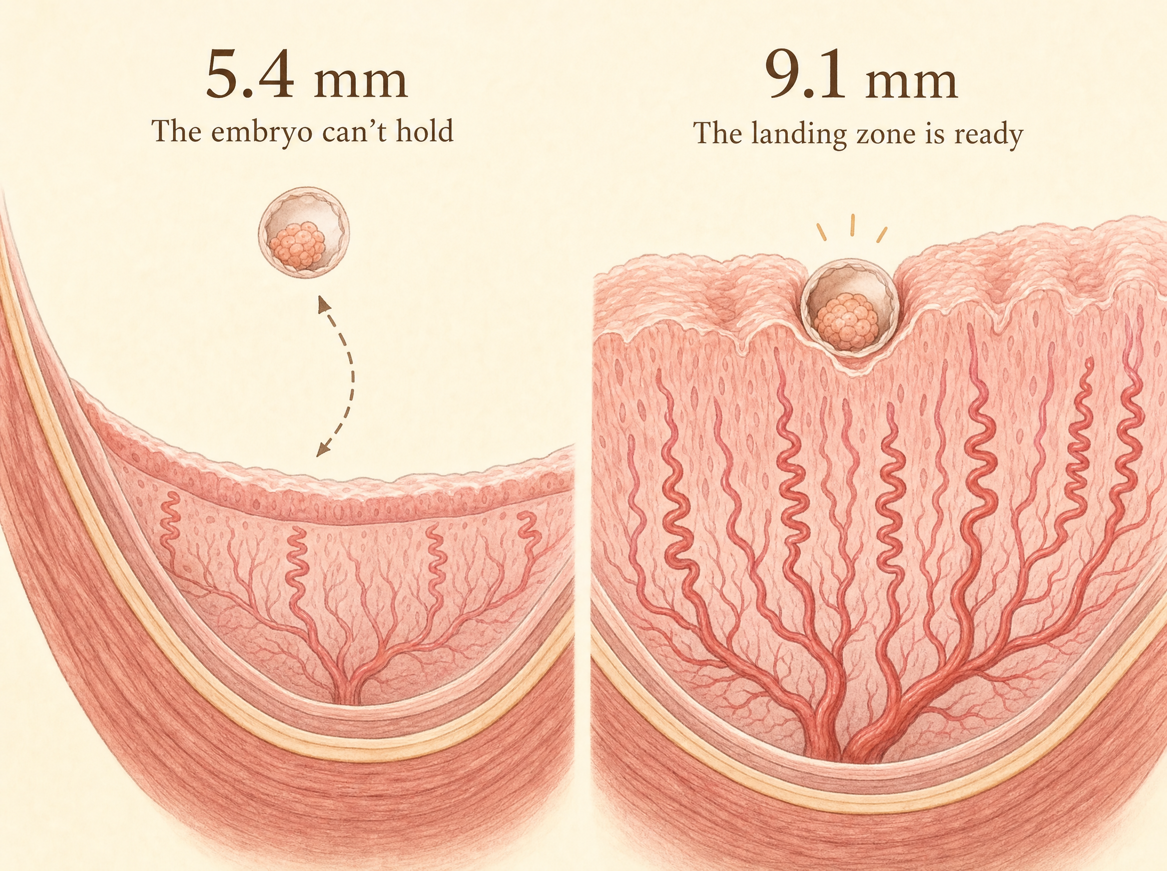 Comparison: thin 5.4mm endometrium where embryo cannot hold vs thick 9.1mm endometrium where landing zone is ready