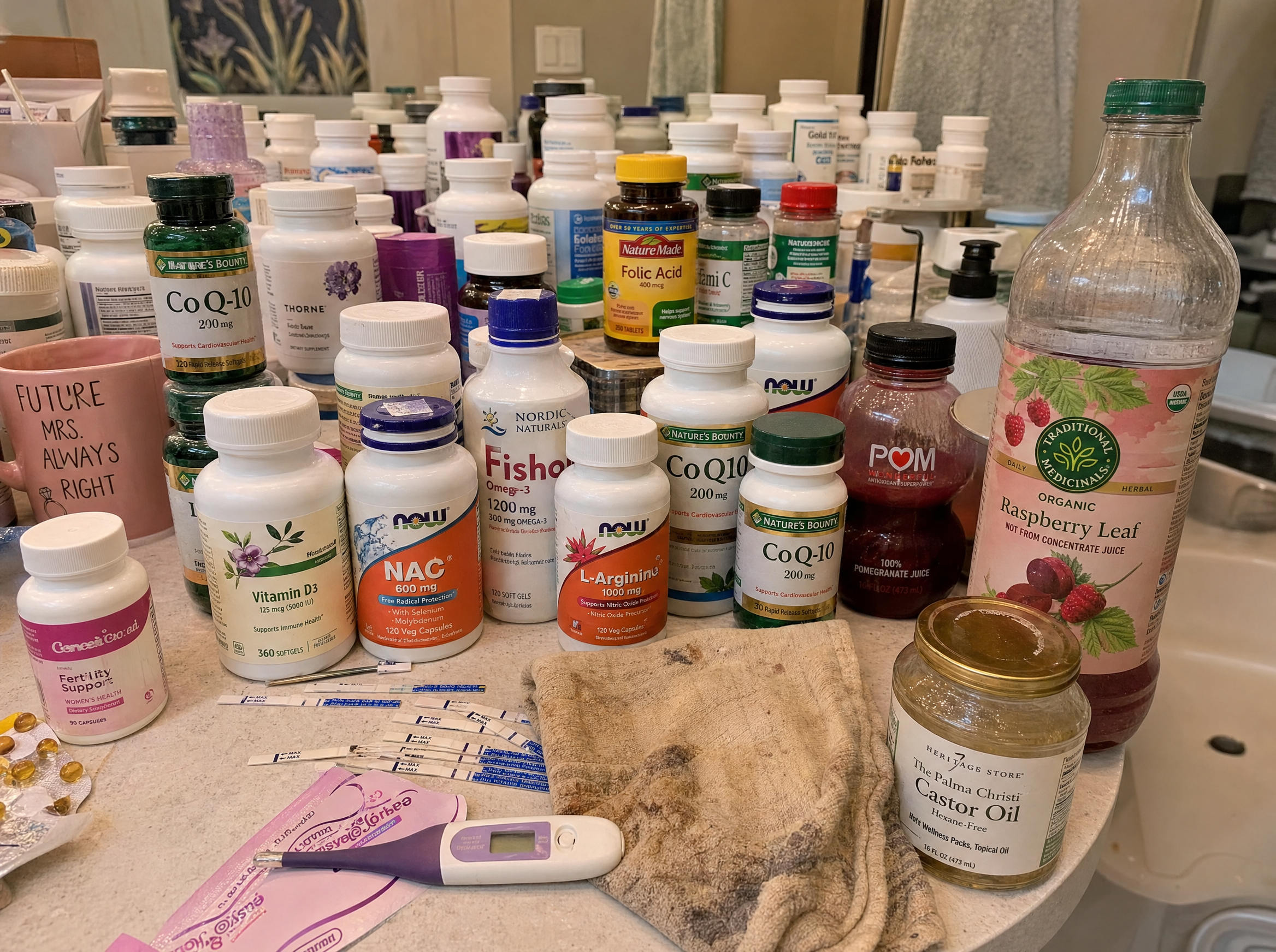 Cluttered bathroom counter covered in fertility supplements: CoQ10, L-Arginine, NAC, Vitamin E, Fish Oil, Prenatal, beet juice, pomegranate juice, castor oil, OPK strips, basal thermometer